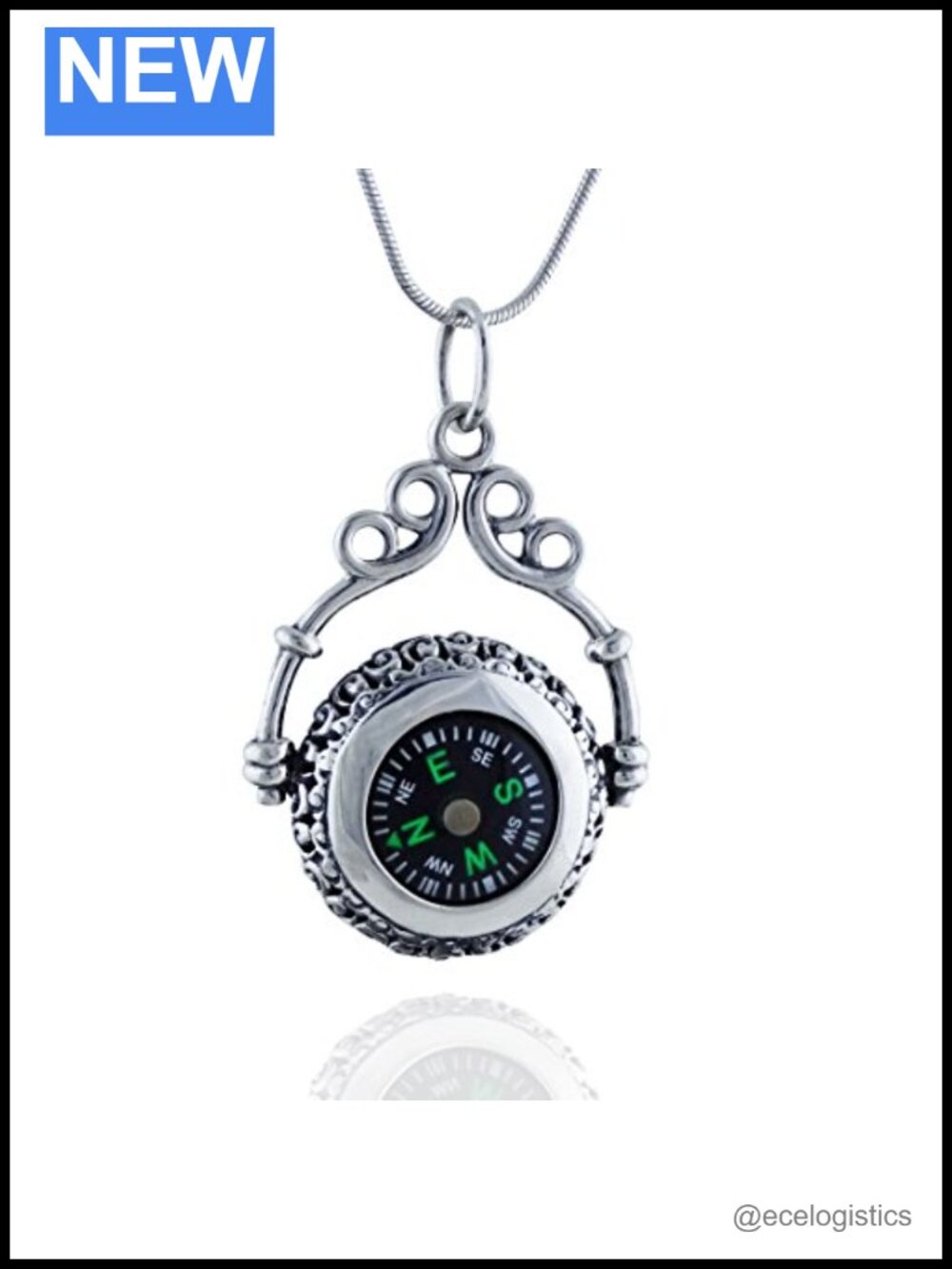 Sterling Silver Compass Pendant Necklace 18in Hypoallergenic Gift